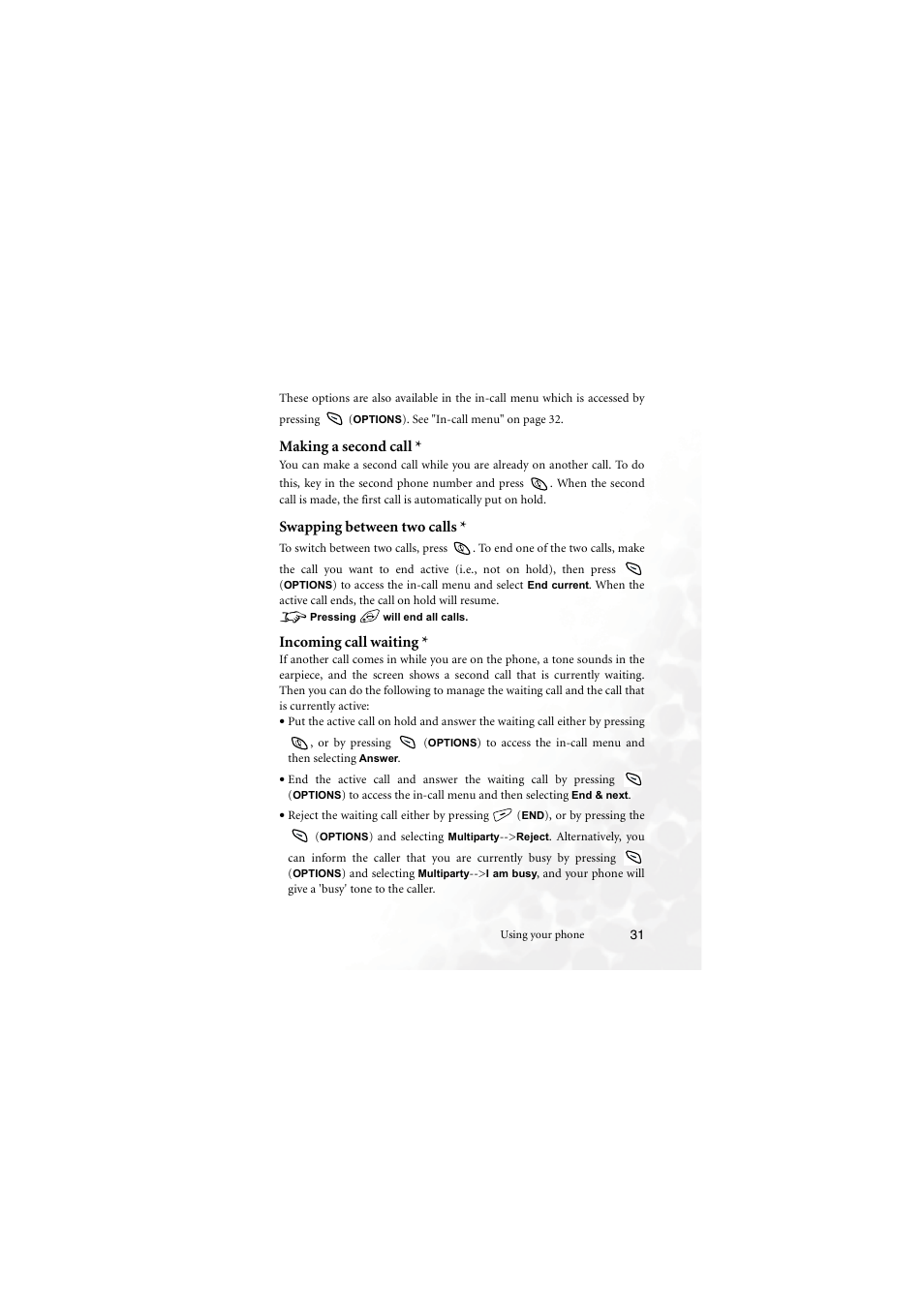 Making a second call, Swapping between two calls, Incoming call waiting | BenQ M555C User Manual | Page 47 / 158