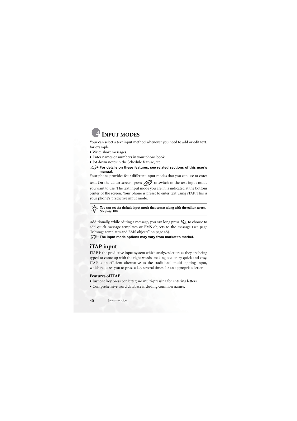 Input modes, Itap input, Nput | Modes | BenQ M555C User Manual | Page 56 / 158