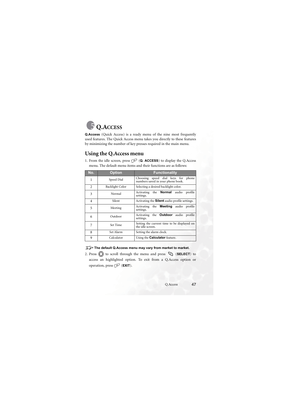 Q.access, Using the q.access menu, Ccess | BenQ M555C User Manual | Page 63 / 158