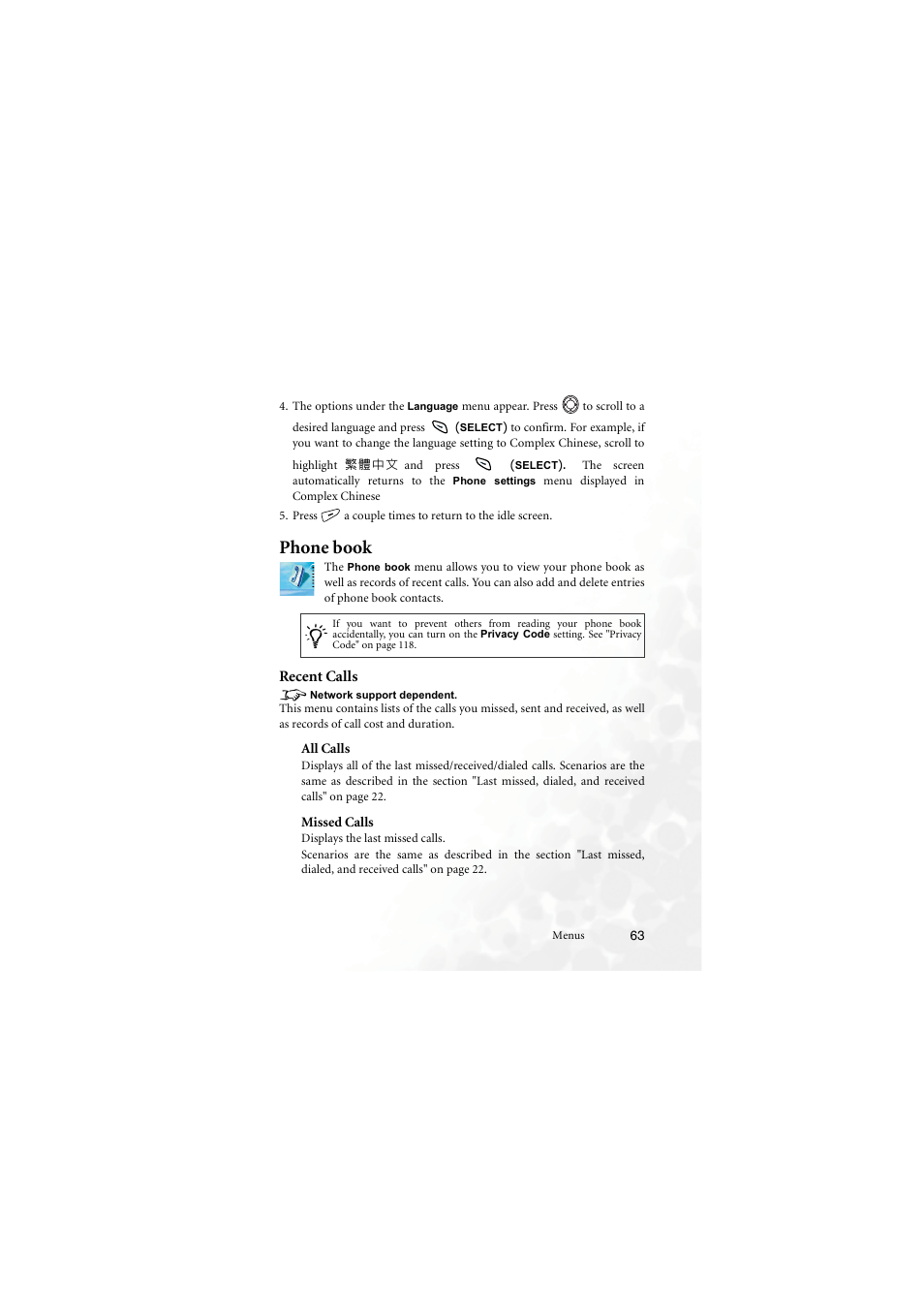 Phone book, Recent calls, All calls | Missed calls, All calls missed calls | BenQ M555C User Manual | Page 79 / 158