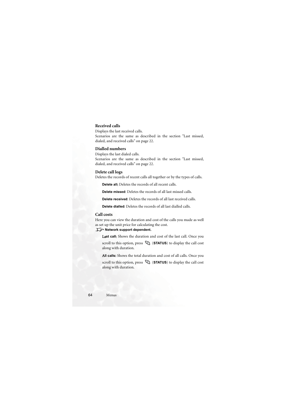 Received calls, Dialled numbers, Delete call logs | Call costs | BenQ M555C User Manual | Page 80 / 158