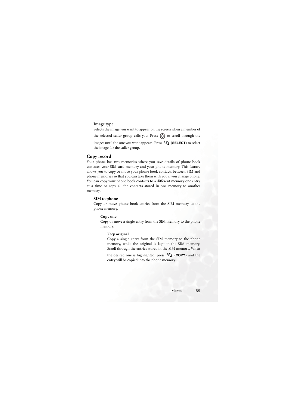 Copy record, Sim to phone, Copy one | BenQ M555C User Manual | Page 85 / 158