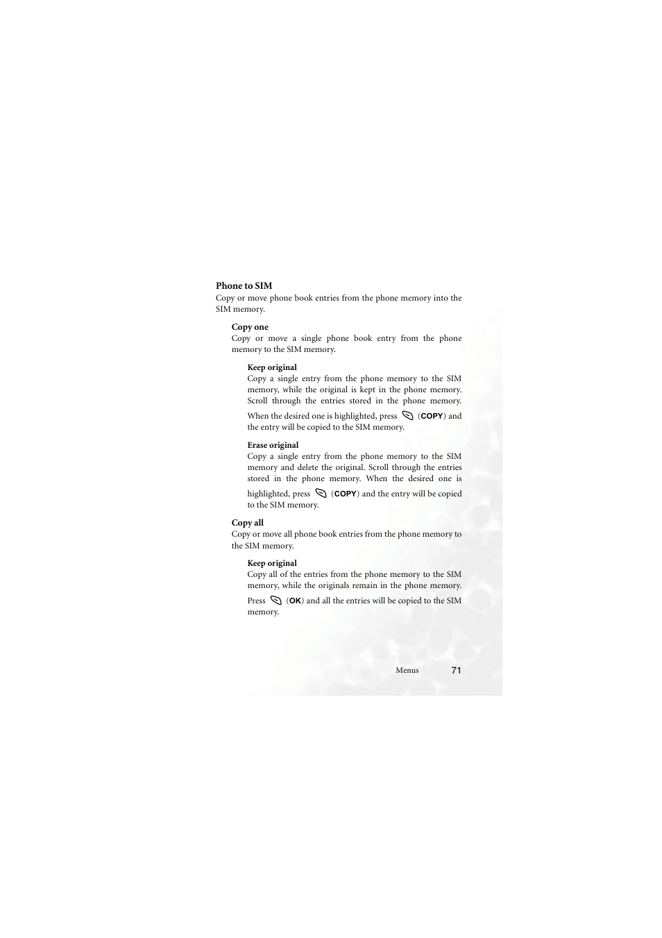 Phone to sim, Copy one, Copy all | BenQ M555C User Manual | Page 87 / 158