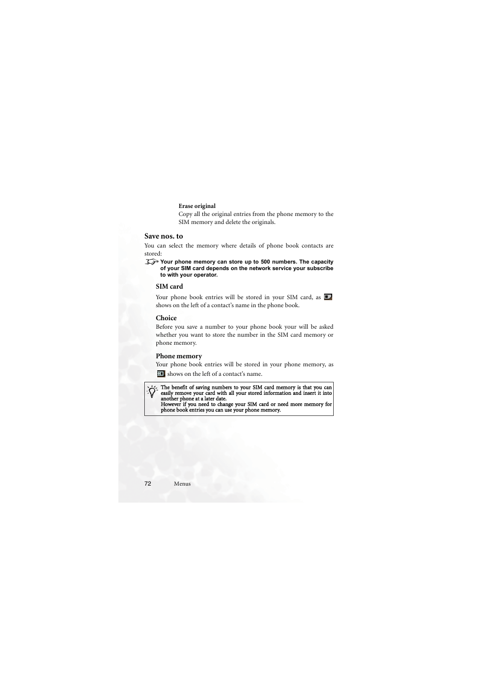 Save nos. to, Sim card, Choice | Phone memory, Sim card choice phone memory | BenQ M555C User Manual | Page 88 / 158