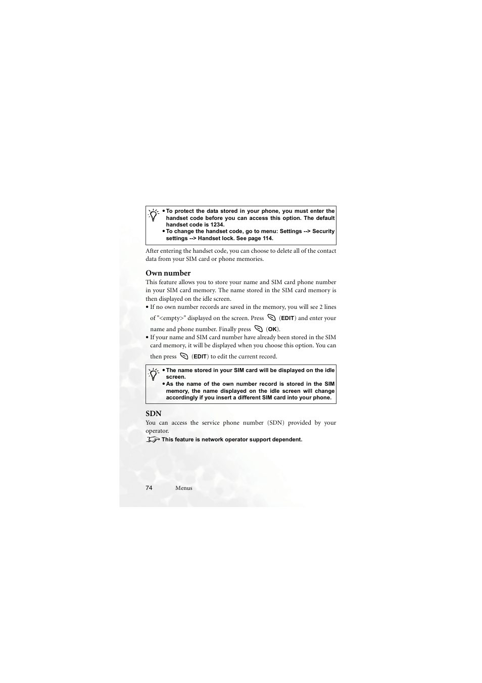 Own number, Own number sdn | BenQ M555C User Manual | Page 90 / 158