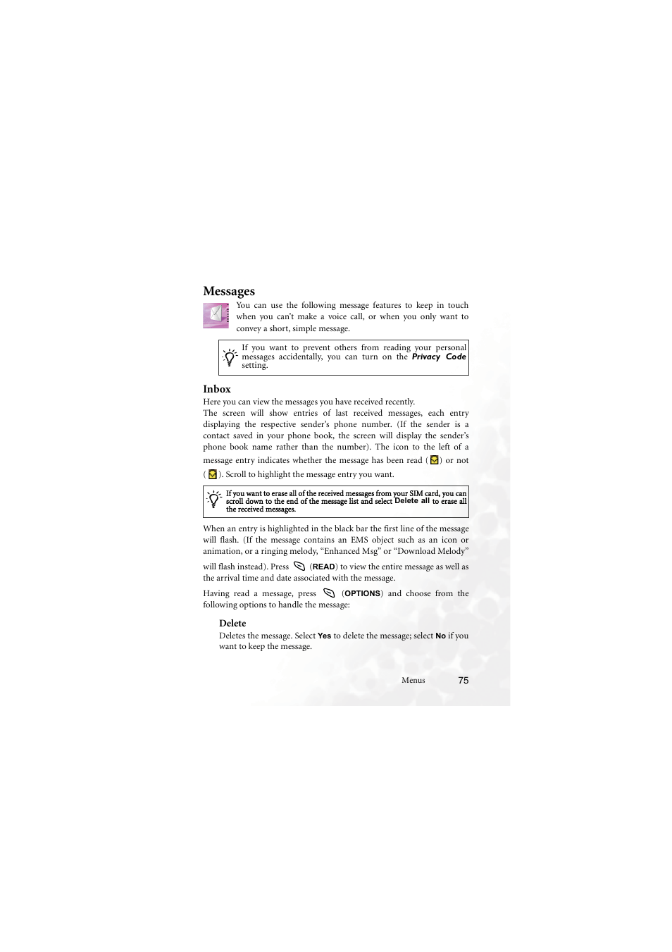 Messages, Inbox, Delete | BenQ M555C User Manual | Page 91 / 158