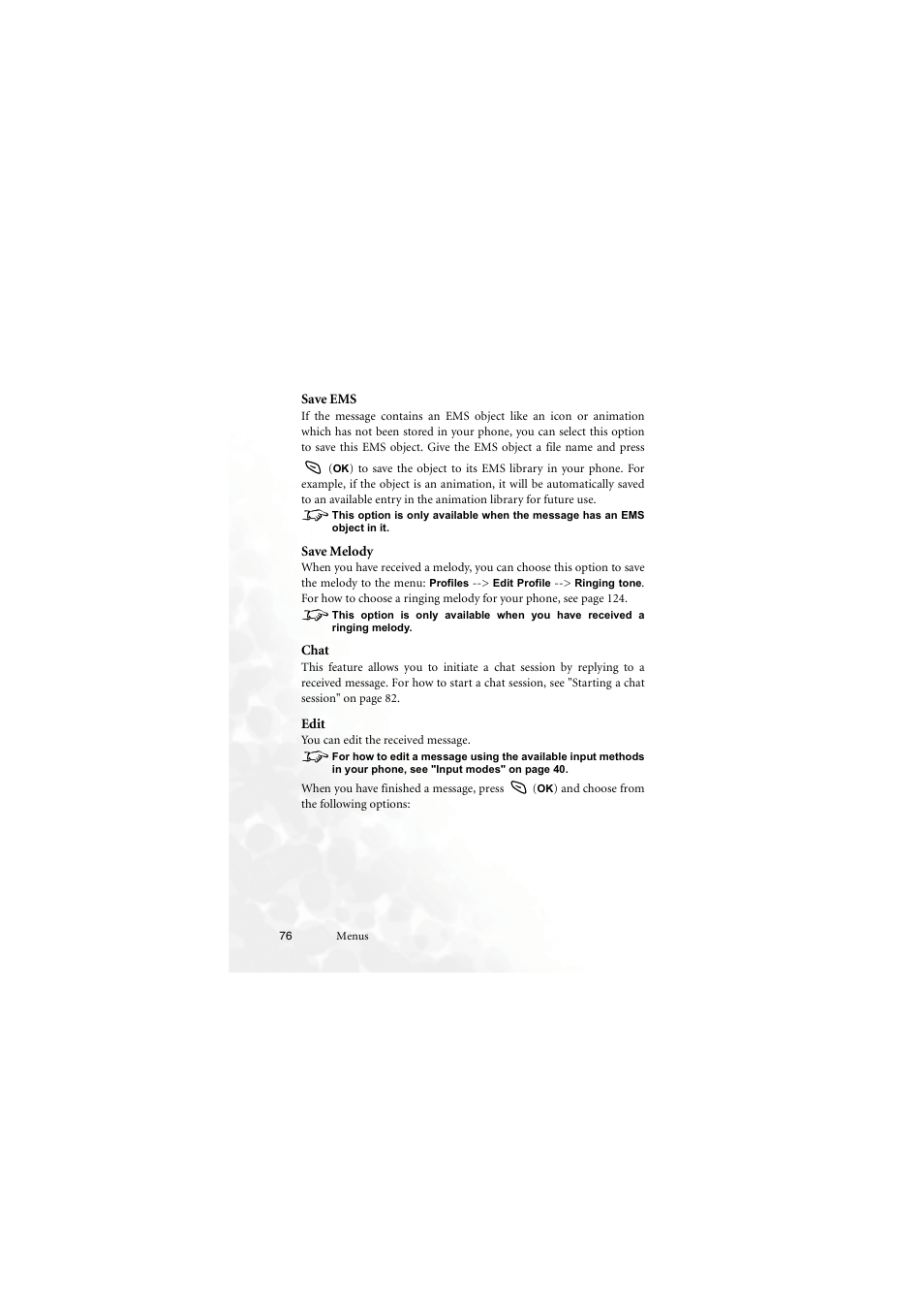 Save ems, Save melody, Chat | Edit, Save ems save melody chat edit, D 76 | BenQ M555C User Manual | Page 92 / 158