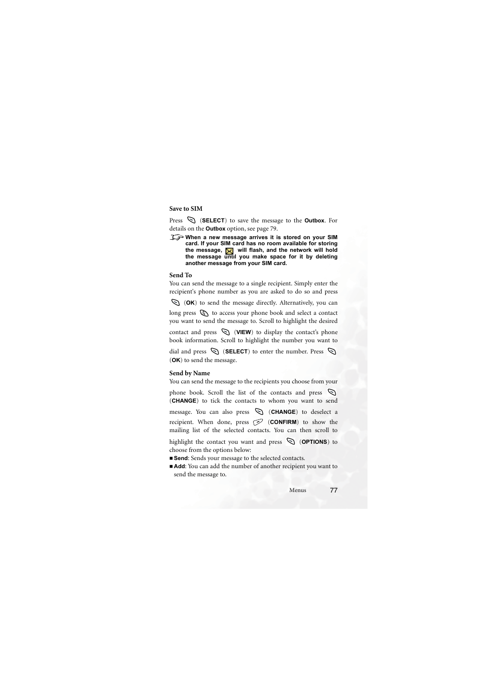 Save to sim, Send to, Send by name | BenQ M555C User Manual | Page 93 / 158