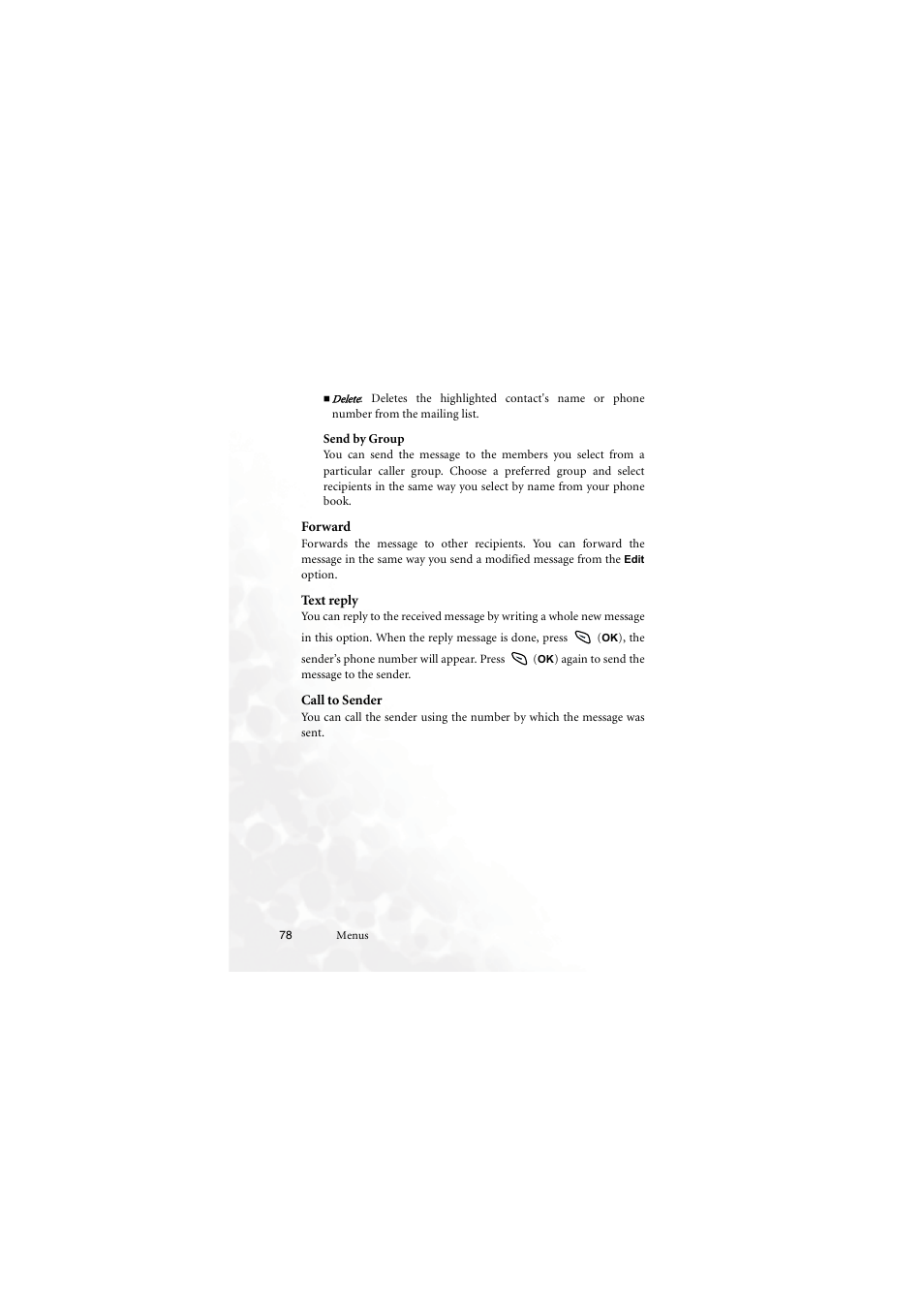 Send by group, Forward, Text reply | Call to sender, Forward text reply call to sender | BenQ M555C User Manual | Page 94 / 158