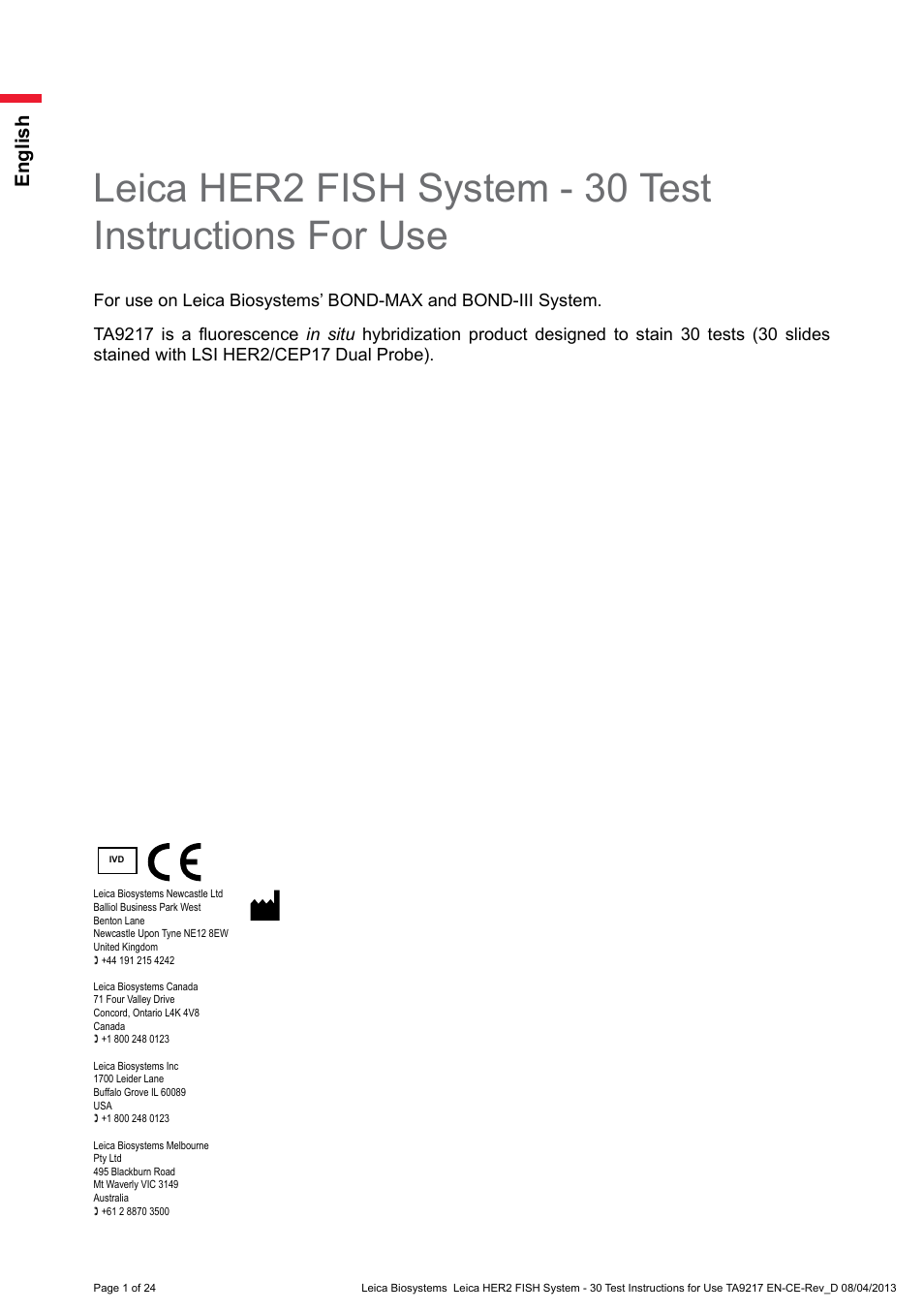 Leica Biosystems HER2 FISH System - 30 Test User Manual | 24 pages