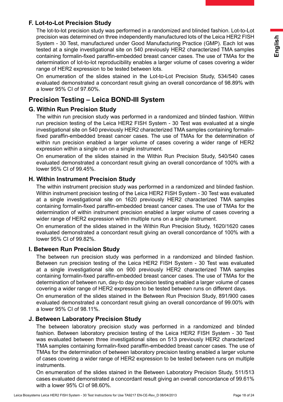 F. lot-to-lot precision study, Precision testing – leica bond-iii system | Leica Biosystems HER2 FISH System - 30 Test User Manual | Page 18 / 24