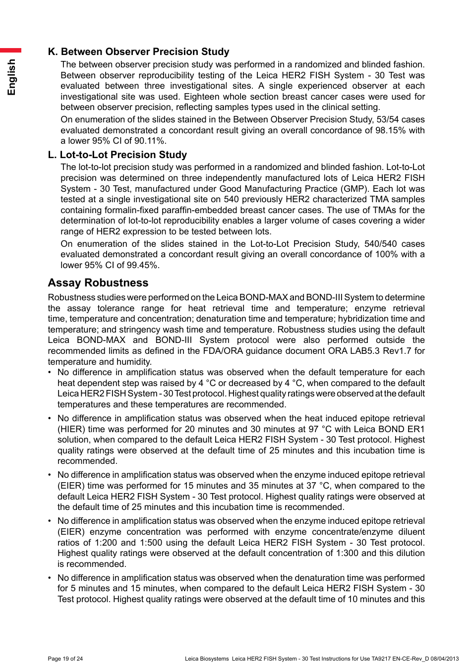 L. lot-to-lot precision study, Assay robustness | Leica Biosystems HER2 FISH System - 30 Test User Manual | Page 19 / 24