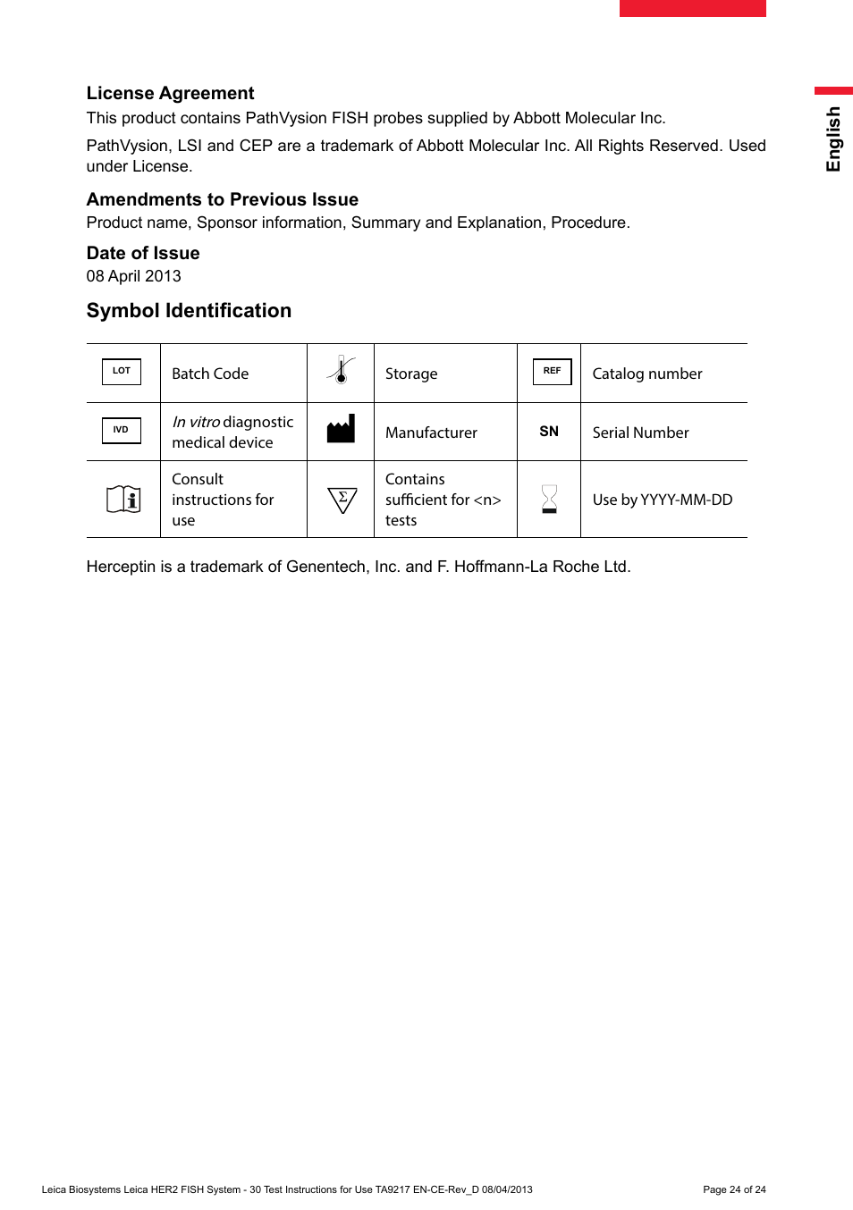 Symbol identification | Leica Biosystems HER2 FISH System - 30 Test User Manual | Page 24 / 24