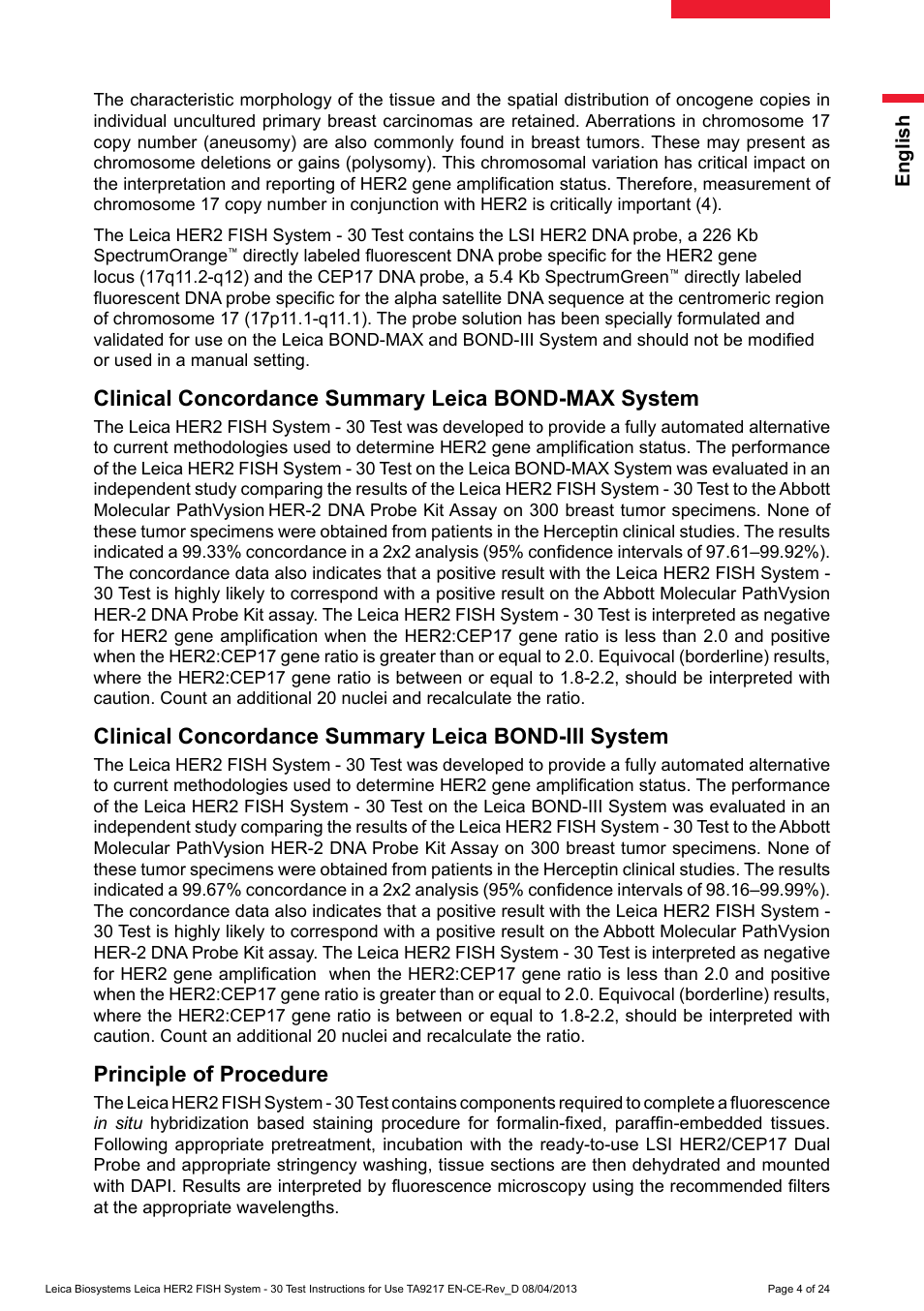 Clinical concordance summary leica bond-max system, Clinical concordance summary leica bond-iii system, Principle of procedure | Leica Biosystems HER2 FISH System - 30 Test User Manual | Page 4 / 24