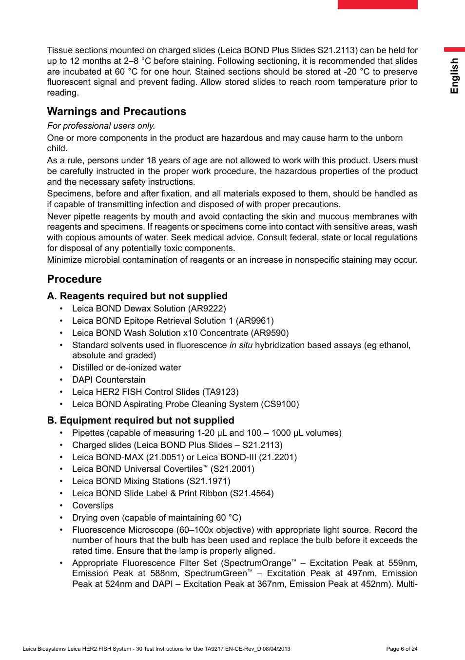 Procedure, Warnings and precautions | Leica Biosystems HER2 FISH System - 30 Test User Manual | Page 6 / 24
