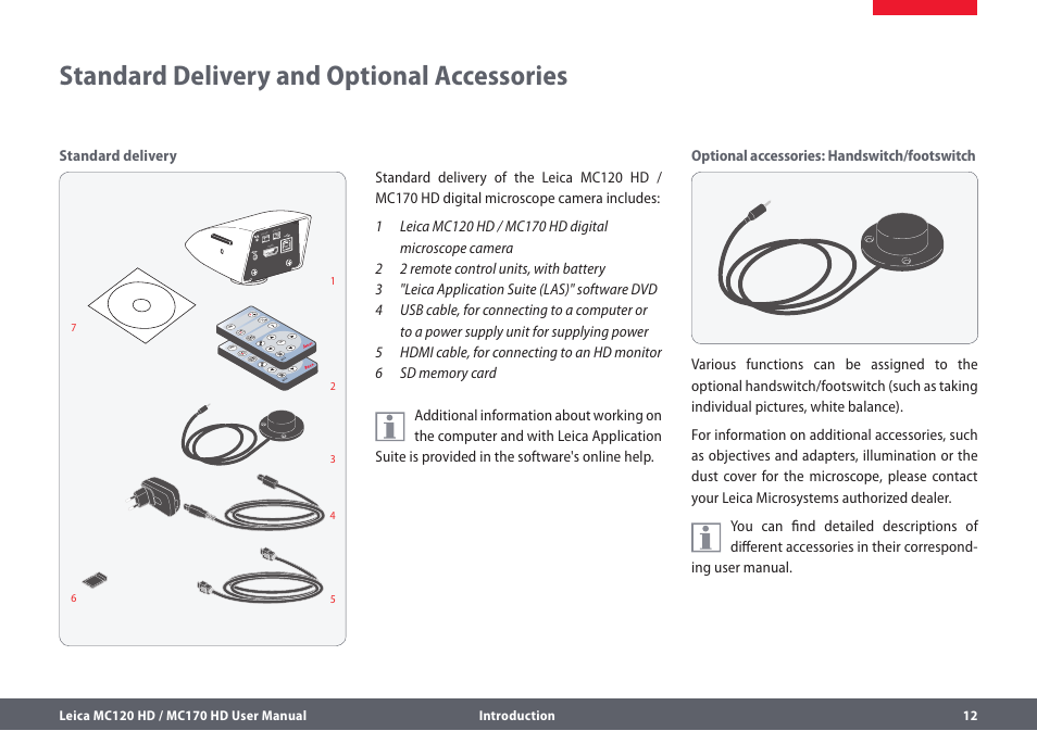 Standard delivery and optional accessories | Leica Biosystems MC120 HD User Manual | Page 12 / 58