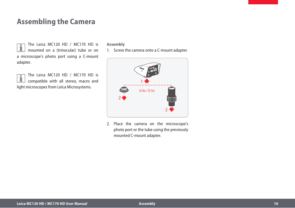 Assembling the camera | Leica Biosystems MC120 HD User Manual | Page 16 / 58