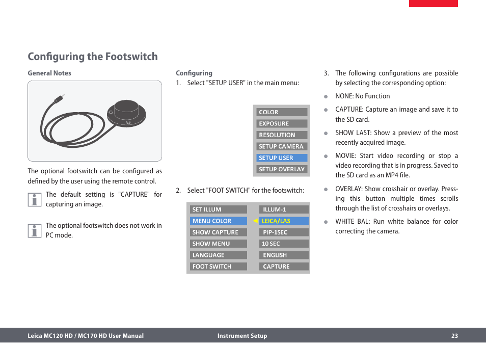 Configuring the footswitch | Leica Biosystems MC120 HD User Manual | Page 23 / 58