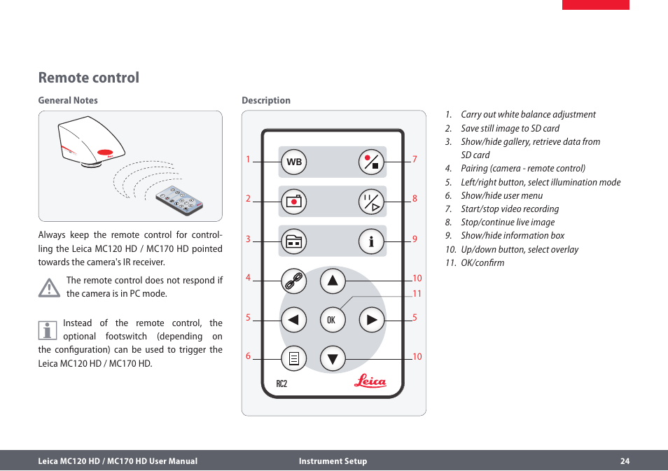 Remote control | Leica Biosystems MC120 HD User Manual | Page 24 / 58