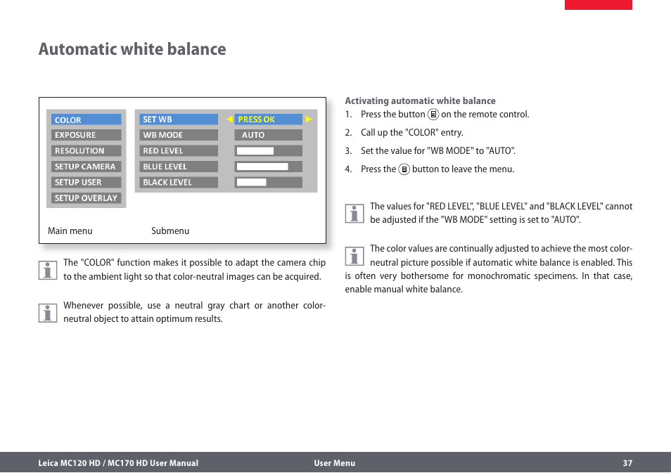 Automatic white balance | Leica Biosystems MC120 HD User Manual | Page 37 / 58