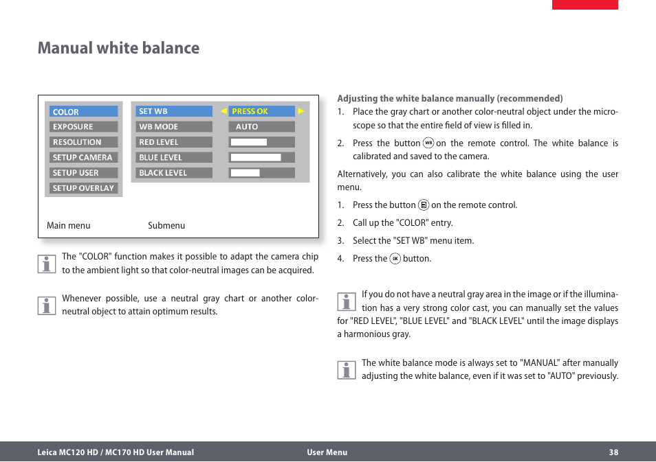 Manual white balance | Leica Biosystems MC120 HD User Manual | Page 38 / 58