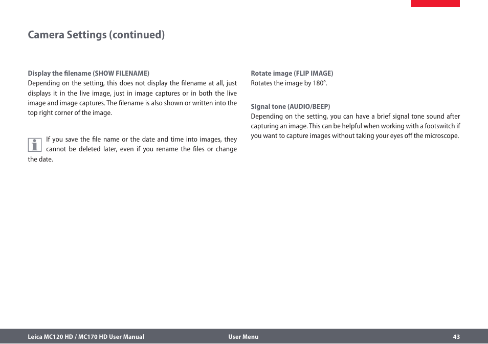 Camera settings (continued) | Leica Biosystems MC120 HD User Manual | Page 43 / 58