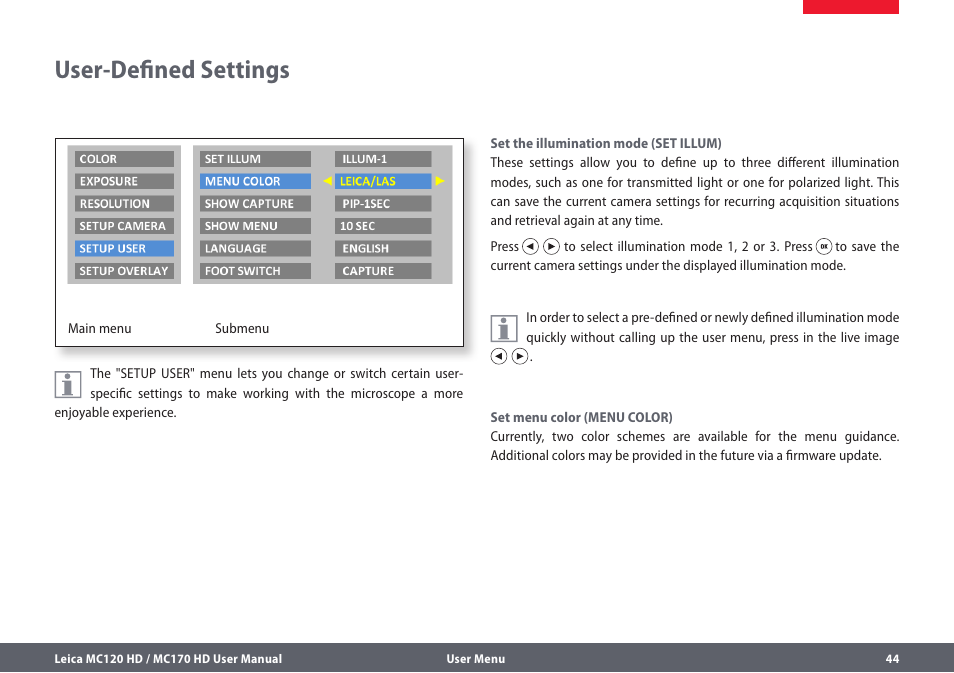 User-defined settings | Leica Biosystems MC120 HD User Manual | Page 44 / 58