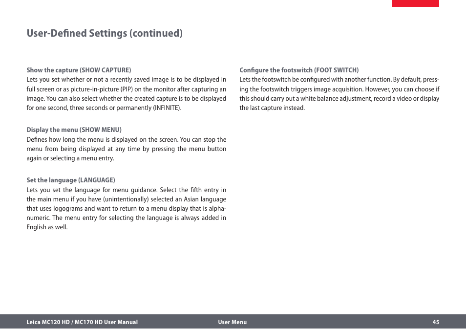 User-defined settings (continued) | Leica Biosystems MC120 HD User Manual | Page 45 / 58
