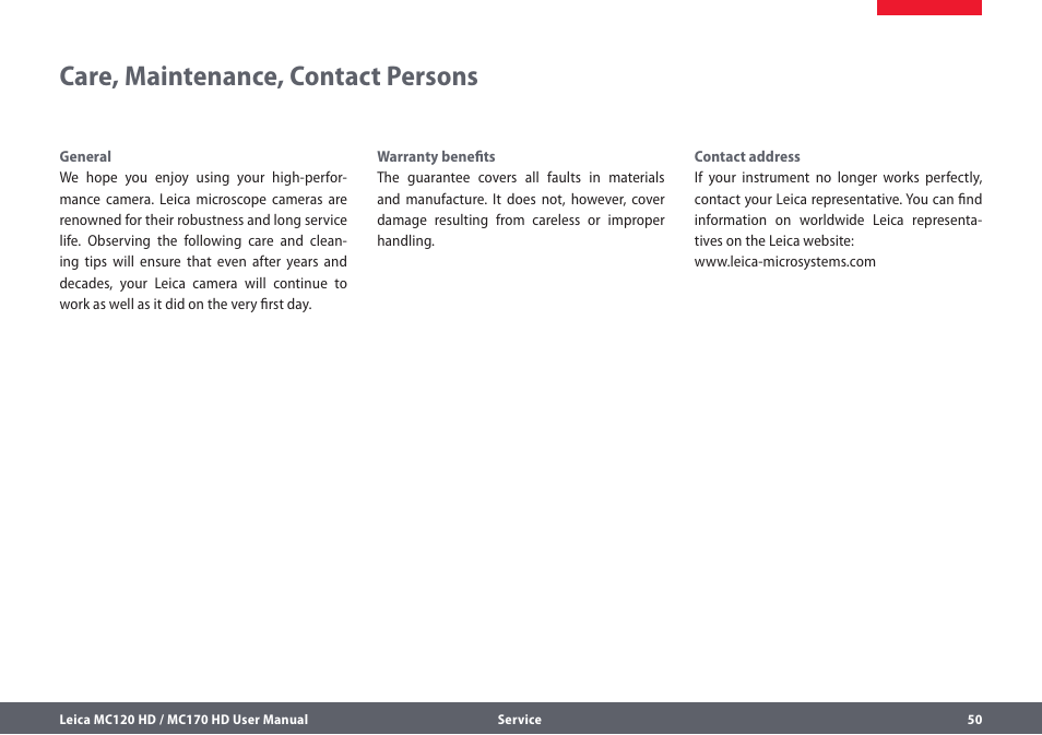 Care, maintenance, contact persons | Leica Biosystems MC120 HD User Manual | Page 50 / 58