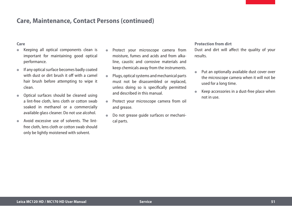 Care, maintenance, contact persons (continued) | Leica Biosystems MC120 HD User Manual | Page 51 / 58