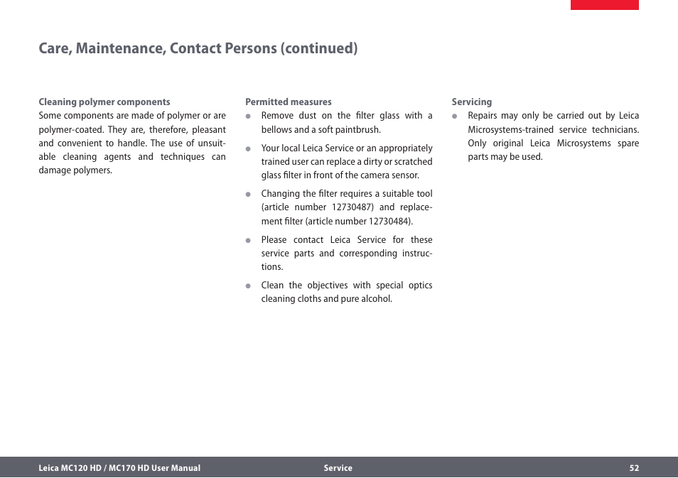 Care, maintenance, contact persons (continued) | Leica Biosystems MC120 HD User Manual | Page 52 / 58
