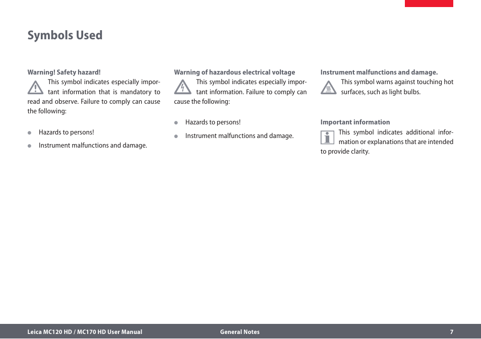 Symbols used | Leica Biosystems MC120 HD User Manual | Page 7 / 58
