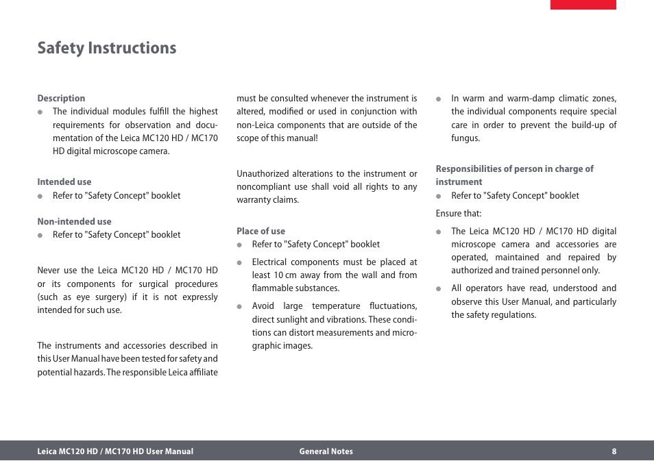 Safety instructions | Leica Biosystems MC120 HD User Manual | Page 8 / 58