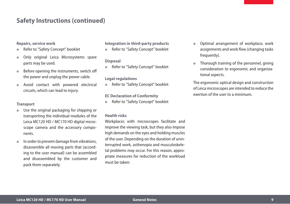 Safety instructions (continued) | Leica Biosystems MC120 HD User Manual | Page 9 / 58