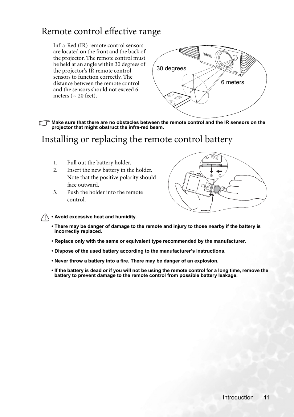 Remote control effective range, Installing or replacing the remote control battery | BenQ CP120C User Manual | Page 17 / 56