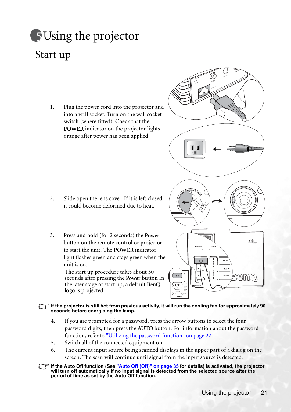 Using the projector, Start up | BenQ CP120C User Manual | Page 27 / 56