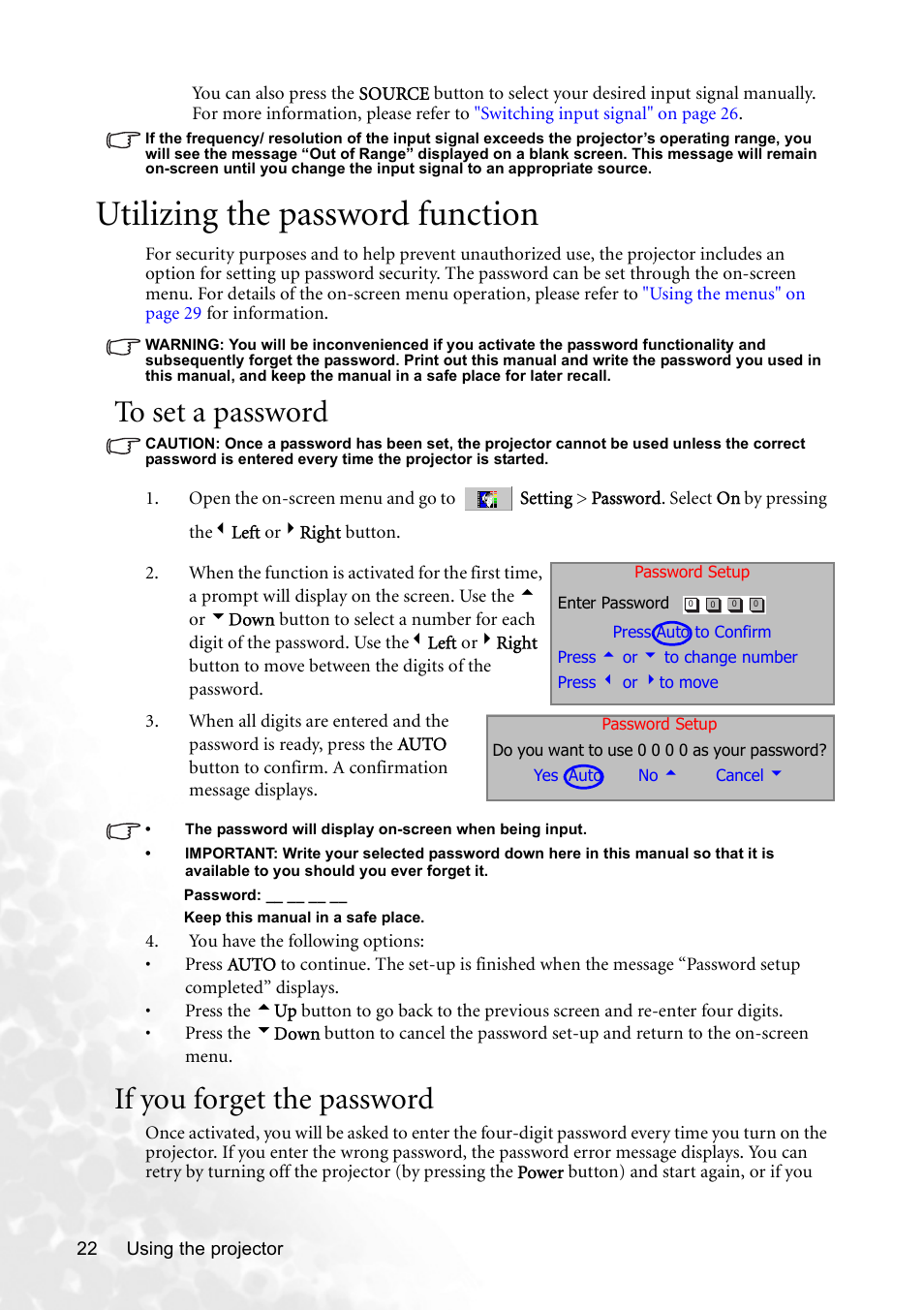 Utilizing the password function, To set a password, If you forget the password | To set a password if you forget the password | BenQ CP120C User Manual | Page 28 / 56