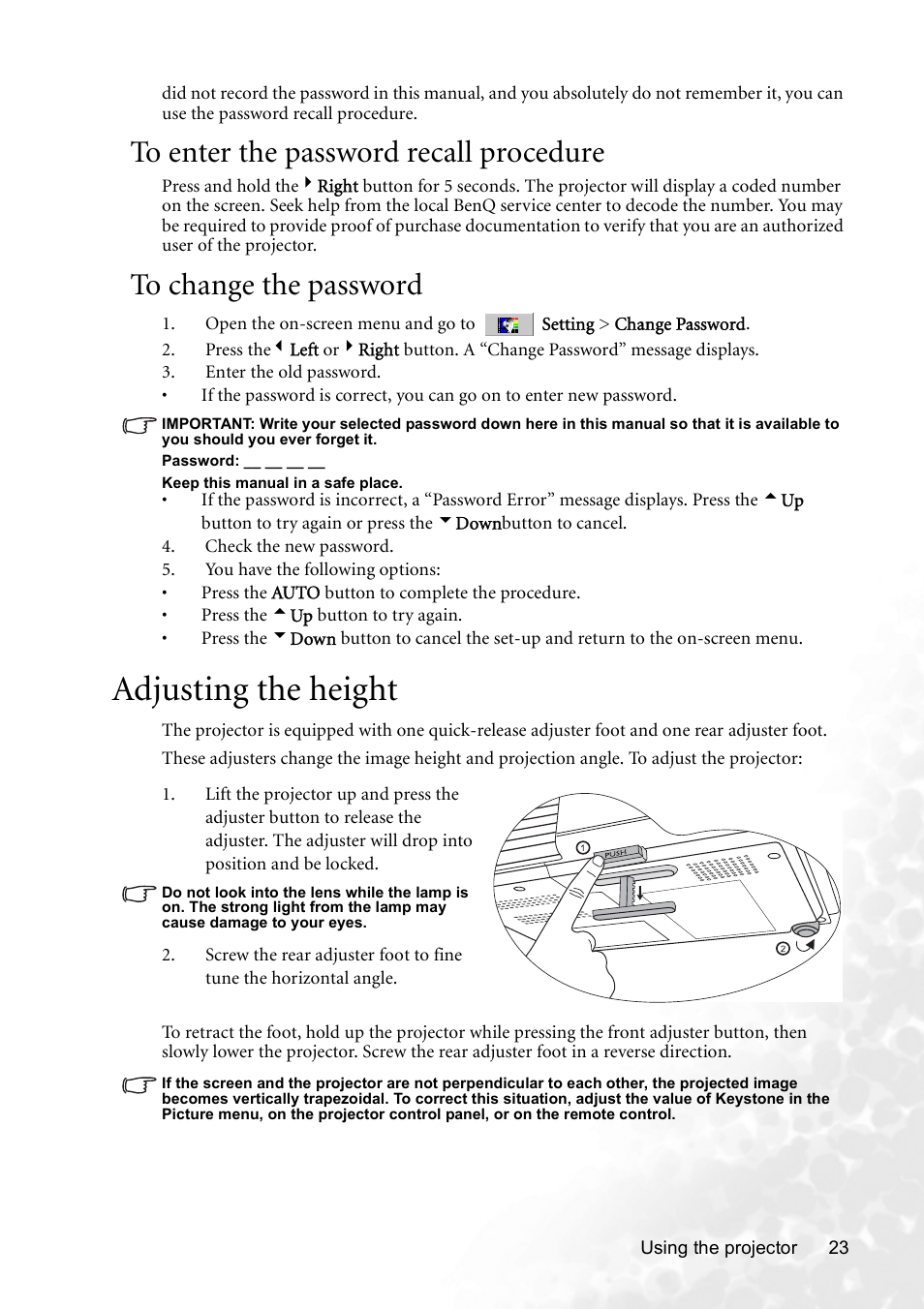 To enter the password recall procedure, To change the password, Adjusting the height | BenQ CP120C User Manual | Page 29 / 56