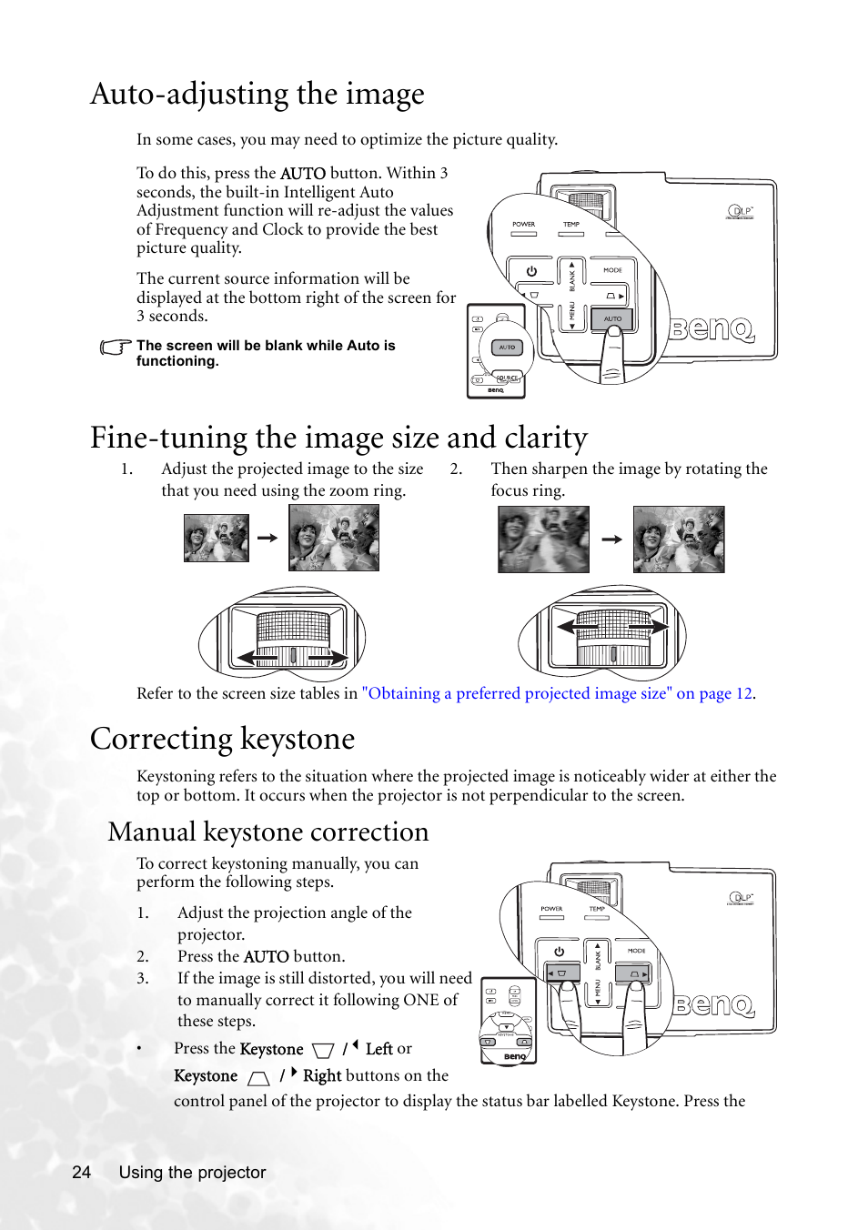 Auto-adjusting the image, Fine-tuning the image size and clarity, Correcting keystone | Manual keystone correction, Correcting keystone" on | BenQ CP120C User Manual | Page 30 / 56