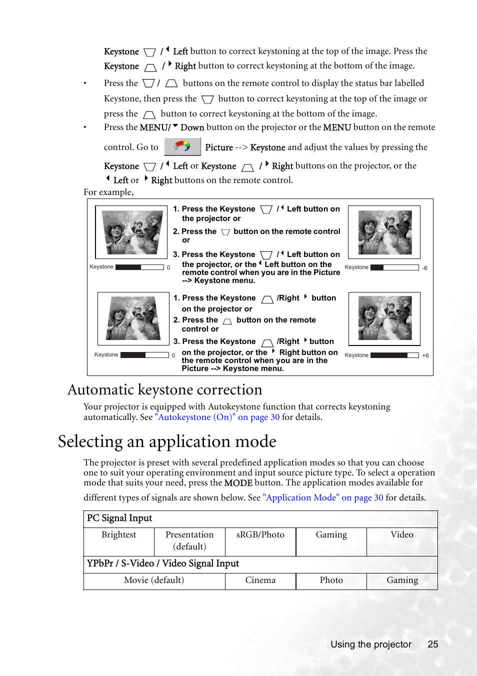 Automatic keystone correction, Selecting an application mode | BenQ CP120C User Manual | Page 31 / 56