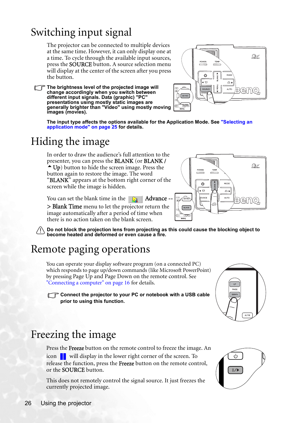 Switching input signal, Hiding the image, Remote paging operations | Freezing the image, Remote paging, Remote paging operations" on, Remote paging operations freezing the image | BenQ CP120C User Manual | Page 32 / 56