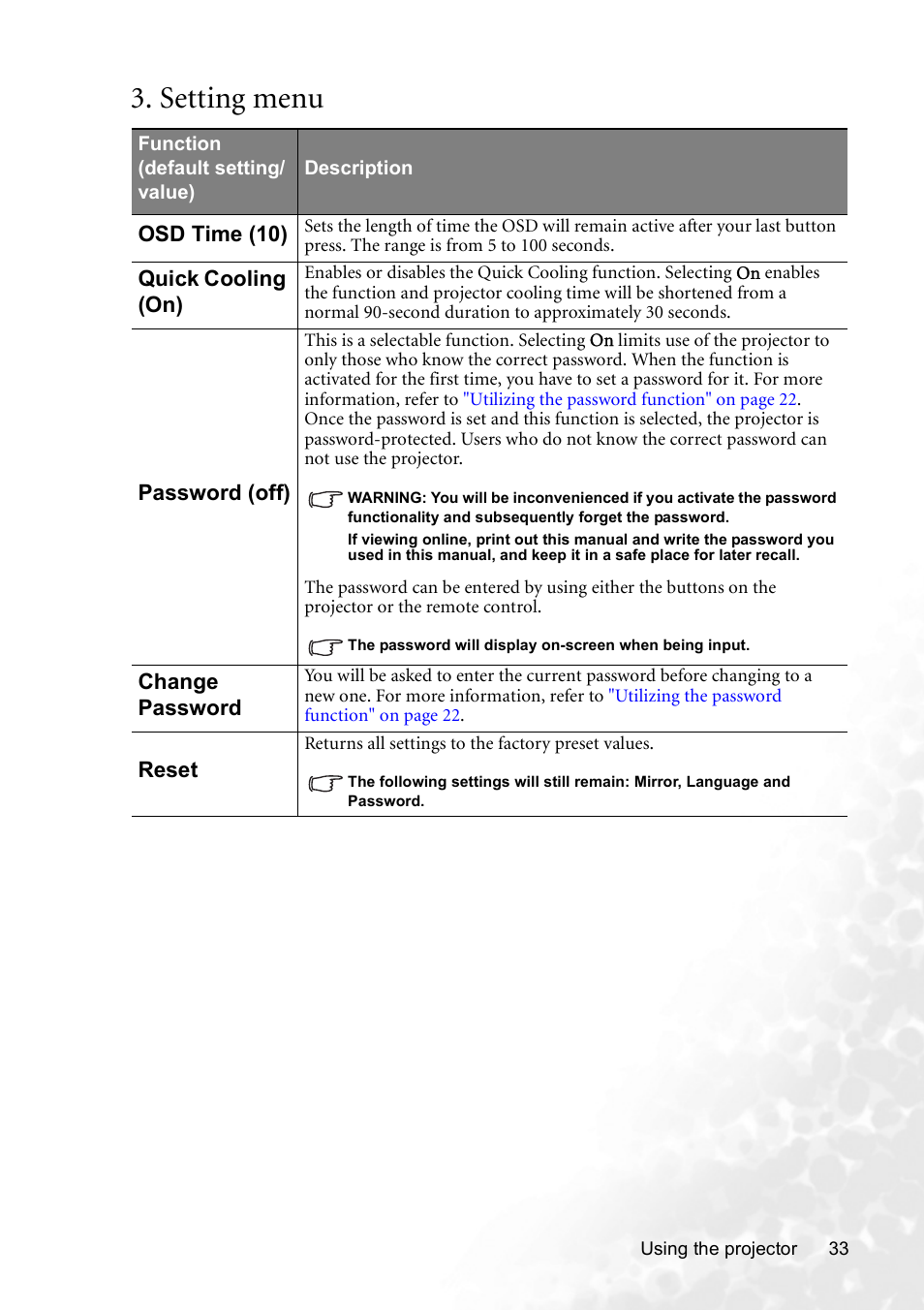 Setting menu | BenQ CP120C User Manual | Page 39 / 56