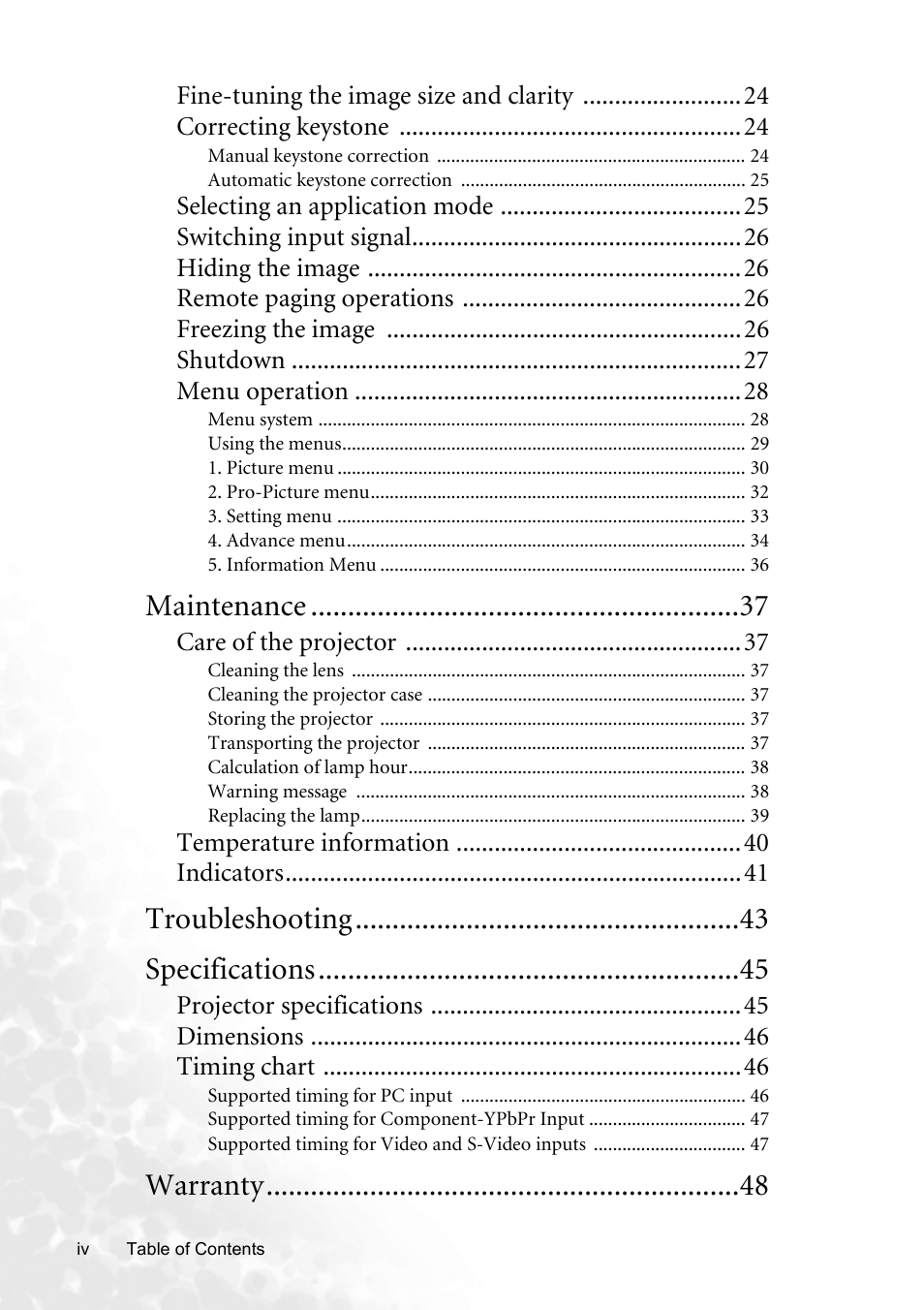 Maintenance, Troubleshooting specifications, Warranty | BenQ CP120C User Manual | Page 4 / 56