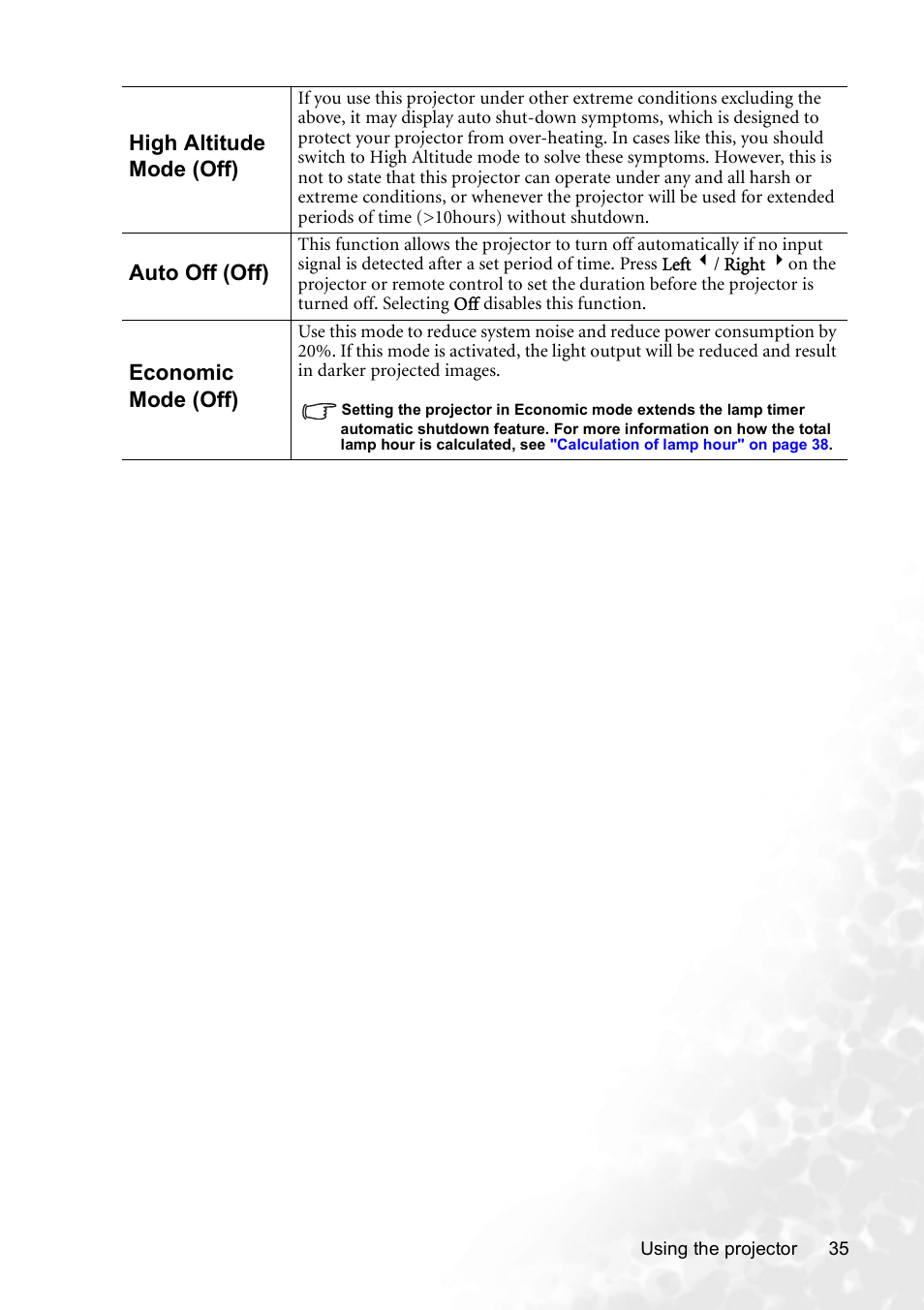 High altitude mode (off), Auto off (off), Economic mode (off) | BenQ CP120C User Manual | Page 41 / 56