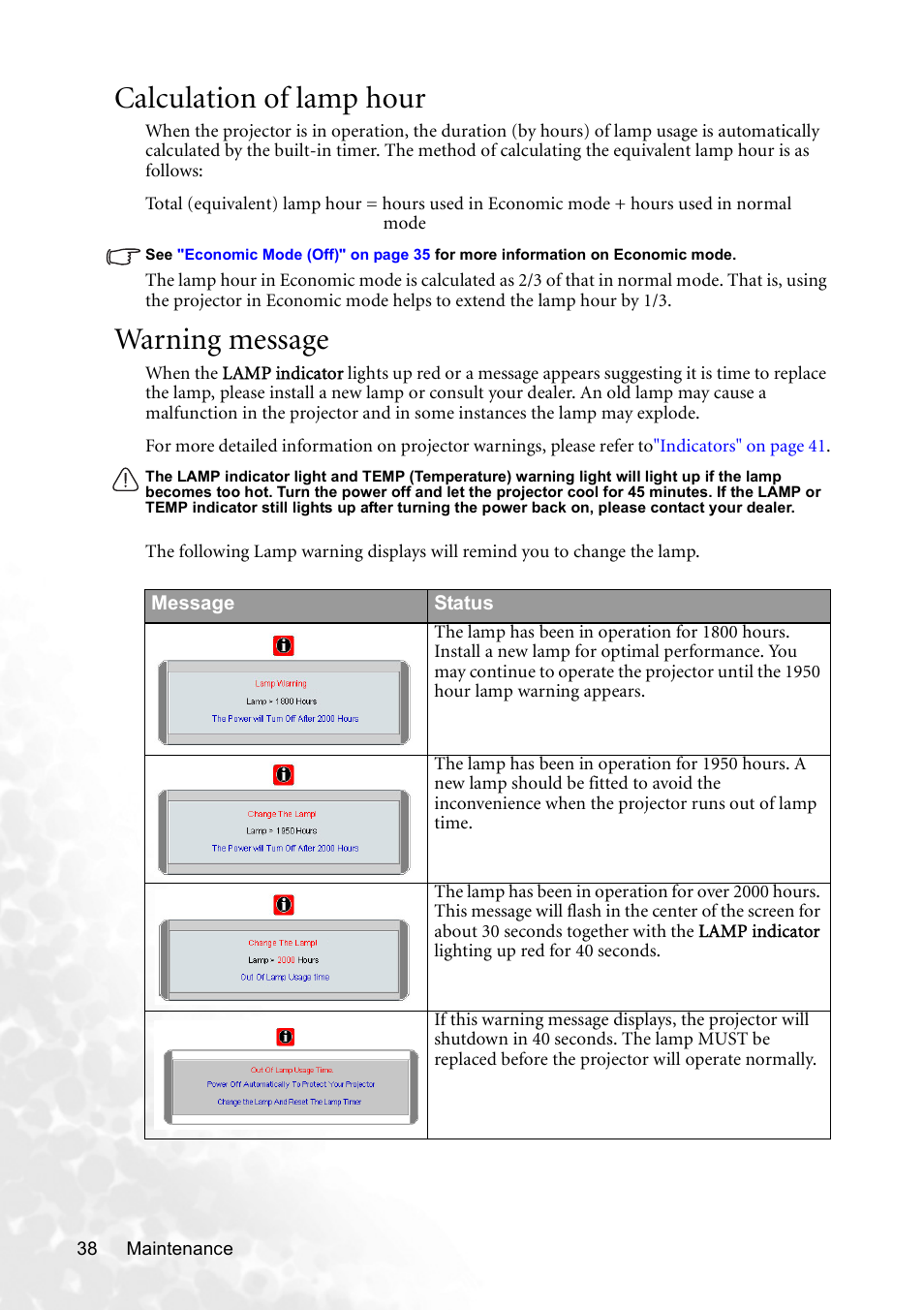 Calculation of lamp hour, Warning message, Calculation of lamp hour warning message | BenQ CP120C User Manual | Page 44 / 56