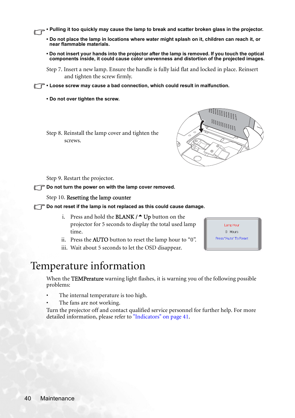 Temperature information | BenQ CP120C User Manual | Page 46 / 56