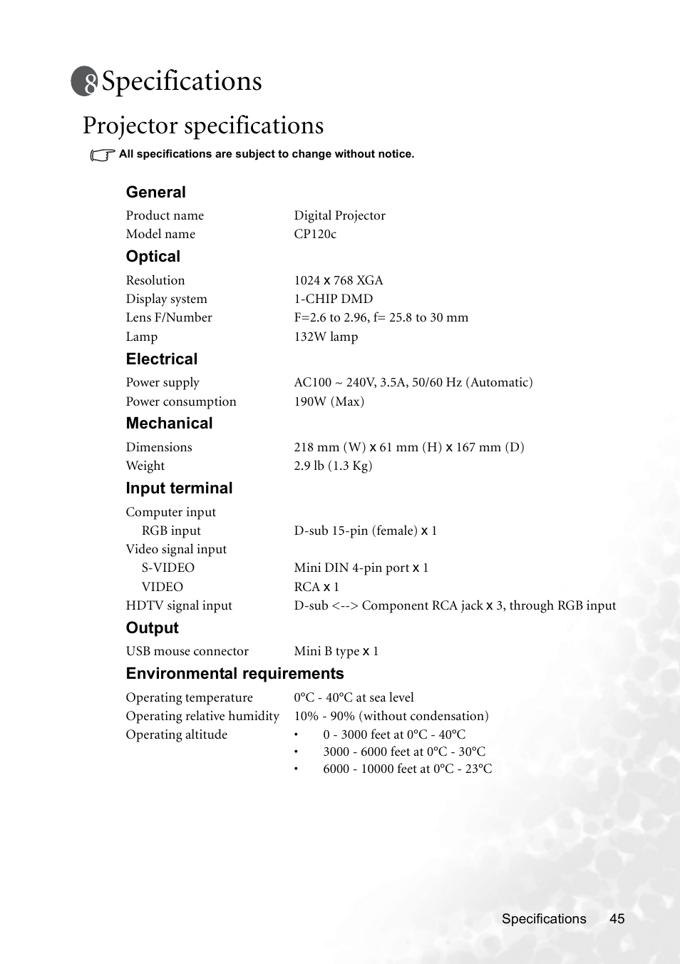Specifications, Projector specifications | BenQ CP120C User Manual | Page 51 / 56