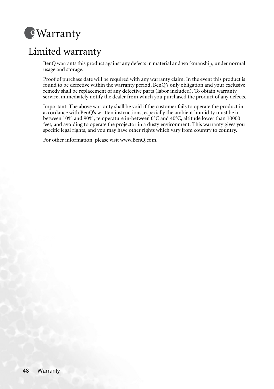 Warranty, Limited warranty | BenQ CP120C User Manual | Page 54 / 56