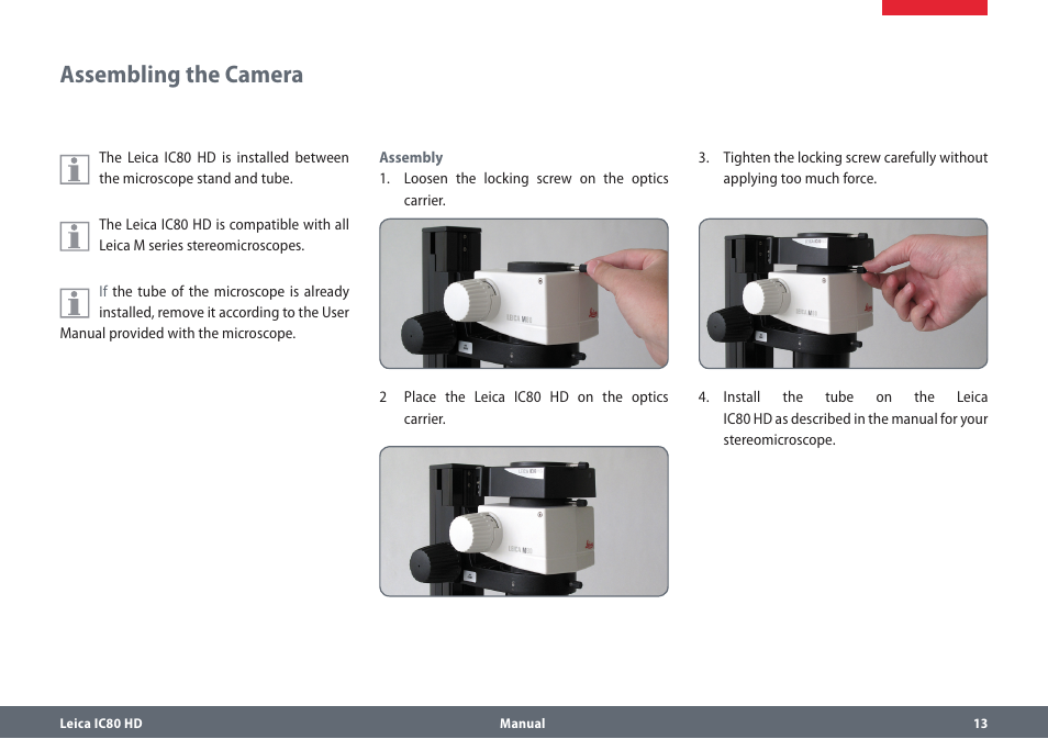 Assembling the camera, Assemblingthecamera | Leica Biosystems IC80 HD User Manual | Page 13 / 42