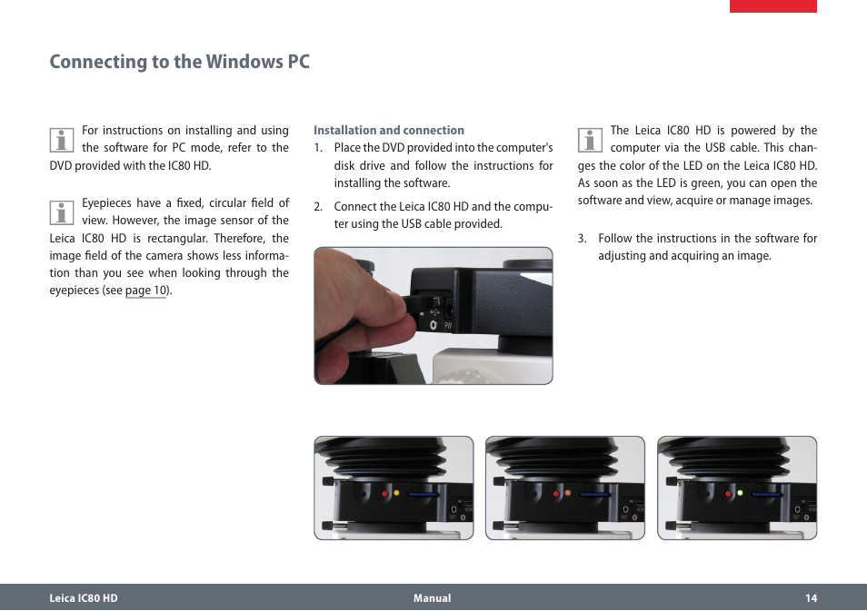 Connecting to the windows pc, Connectingtothewindowspc | Leica Biosystems IC80 HD User Manual | Page 14 / 42